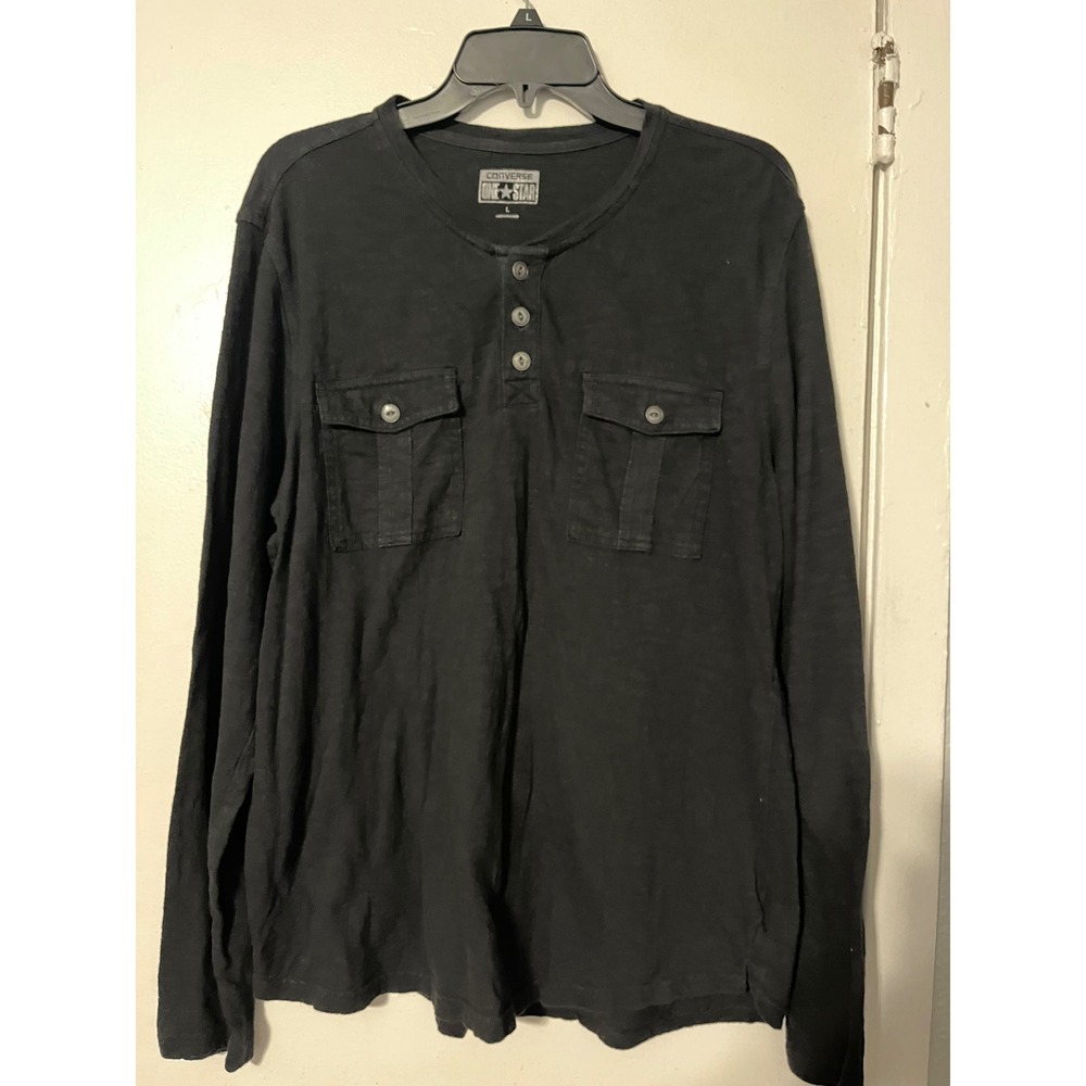 Converse One Star Mens Large Black Long Sleeve Henley Shirt Dual Pocket Cotton